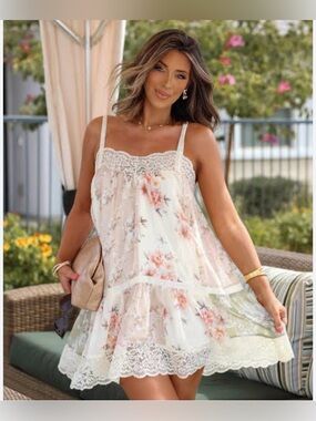 NEW 🎁 Pookie and Sebastian Floral Lace Trim Babydoll Dress - Soft Blush